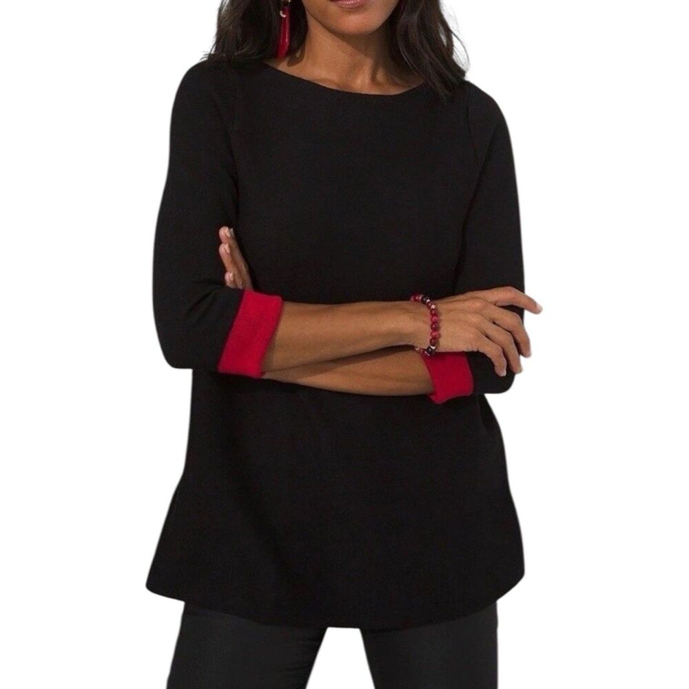Chico’s Bi-Color Double Knit Sweater Black Red 3/4 Sleeves Soft Cozy Sz XL